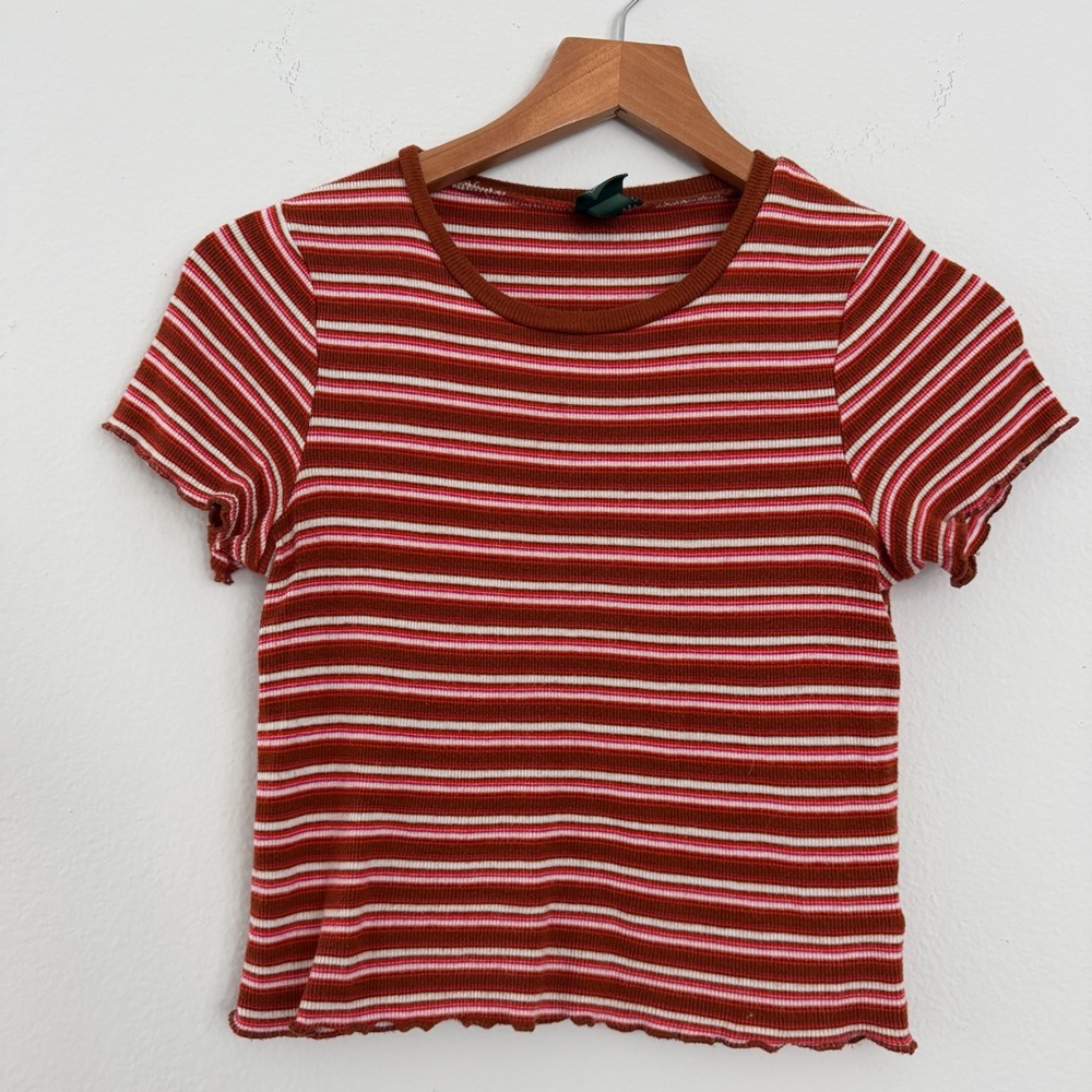 Wild Fable XS Red Brown Striped Ribbed Cropped Tee Y2K Grunge Chuckycore
